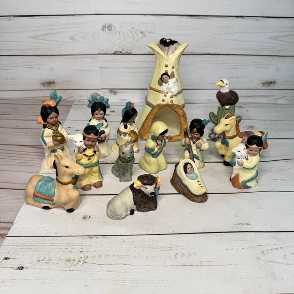 VTG Porcelain American Nativity Set Teepee, Holy Family and Animals Hand Painted - Picture 1 of 16